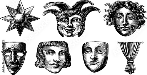 Vintage engraved theatrical faces and masks collection including sun jester and curtain tassel for stage decor and design