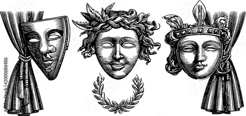 Vintage engraved theater mask with laurel and stage curtains for classical poster background and banner design