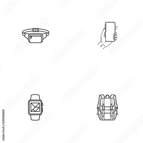 Travel accessories icon set with backpack smartwatch phone and waist bag vector