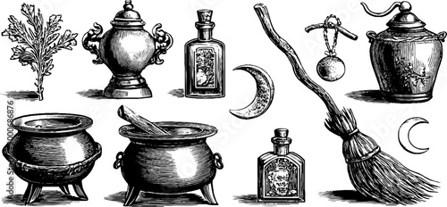Vintage engraved witchcraft herbs and potion clipart sheet with cauldrons broom bottles and crescent moons for occult label design