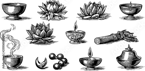 Vintage engraved yoga lotus and incense elements sheet with candles beads bowls and ritual objects for spiritual design and relaxation background