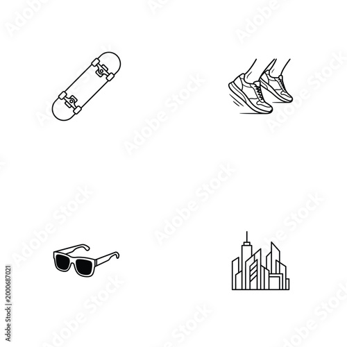 Urban lifestyle icon set with skateboard sneakers sunglasses and city skyline