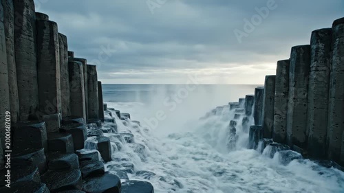 Dramatic Ocean Waves Crash Against Giants Causeway Basalt Columns.