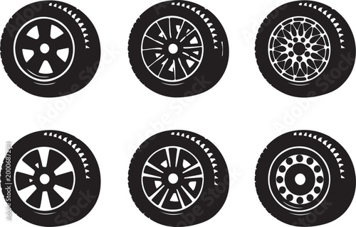 car tires with different wheel designs silhouette vector