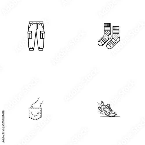 Streetwear and clothing line art icons set featuring cargo pants socks and sneaker.