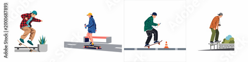 Set of Flat Vector Illustrations Featuring Young People Skateboarding, Performing Tricks, and Cruising in Various Urban Environments