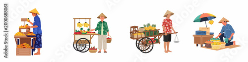 Flat vector illustrations of traditional Asian street fruit vendors with carts, stalls, and fresh tropical produce, isolated on a white background.
