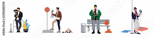 Set of illustrations depicting professional and amateur content creators, videographers, and photographers using various cameras and equipment in urban settings.