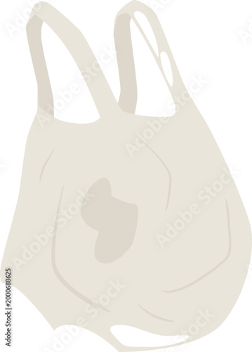 Old tote bag flat vector icon, used ragged white fabric shopping bag, torn canvas hanging shopper bag with handles