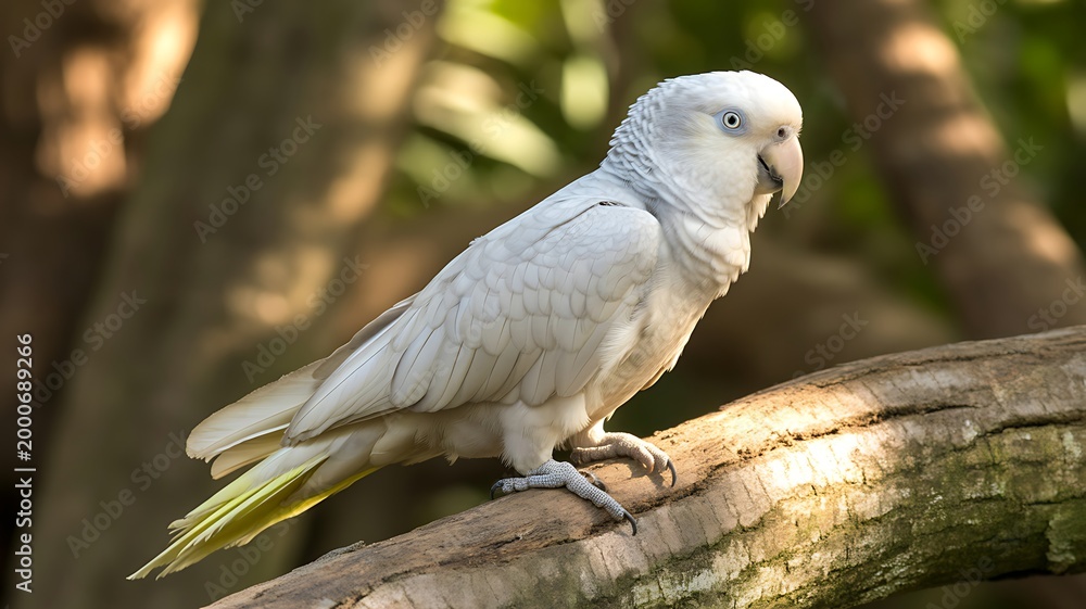 Fototapeta premium A white parrot is perched on a wooden branch.
