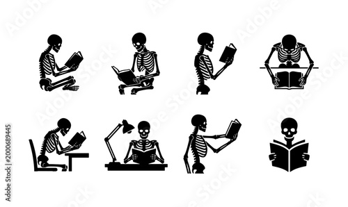 Billede på lærred Gothic skeleton reading book icon set, dark academia human bone silhouettes, 8 s