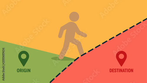 Person stepping over boundary line from origin to destination showing migration
