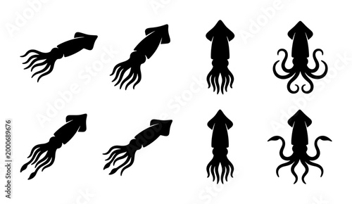 Tableau sur toile Black squid silhouette icons set, 8 sea creature vector illustrations, marine an
