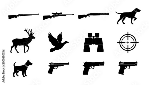Canvastavla Hunting silhouettes collection with rifles and handguns, 12 black vector icons o