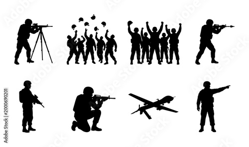 Photos Military soldier silhouettes set, army infantry personnel with rifles and drone