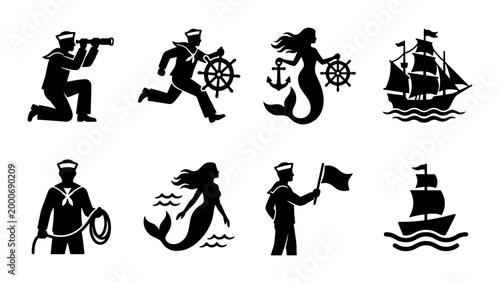 Foto Nautical silhouette icon set with sailors and mermaids, vintage maritime vector