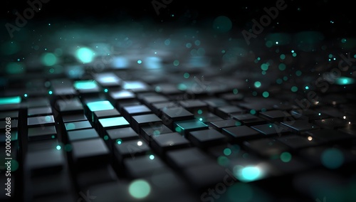 Macro view of electronic microchips arranged in a grid, with glowing cyan and green lights and floating particles, dark abstract background, concept of advanced computing and technology