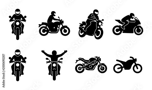 Photos Motorcycle rider silhouette icon set, black motorbike biker vector collection, s