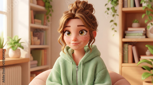 Young woman smiling while sitting comfortably in a cozy room  