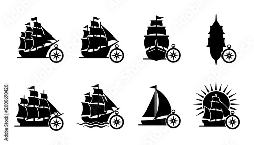 Foto Vintage sailing ship silhouettes with nautical compass icons, set of 8 black mar