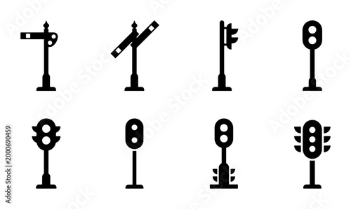 Foto Railway signal icon set, black silhouette railroad semaphore and traffic light v