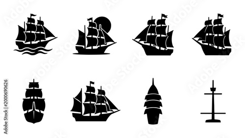 Photos Vintage sailing ship silhouettes, nautical tall ship icons set, black maritime v