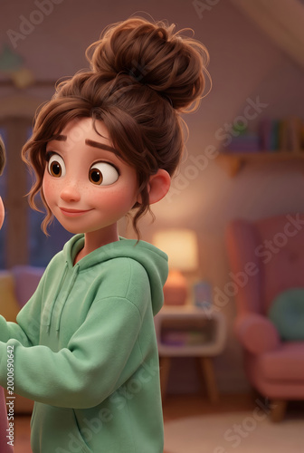 Animated girl smiling while playing in cozy bedroom at night  