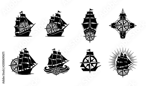 Foto Vintage nautical ship and compass rose icons, set of 8 black sailing vessel silh