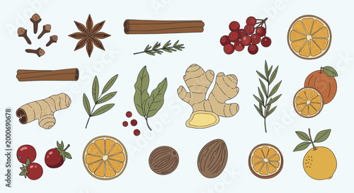 A vibrant collection of aromatic spices and citrus fruits for culinary use.