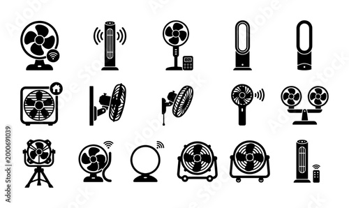 Obraz na płótnie Electric fan icon set, 15 black cooling ventilator symbols, modern household air