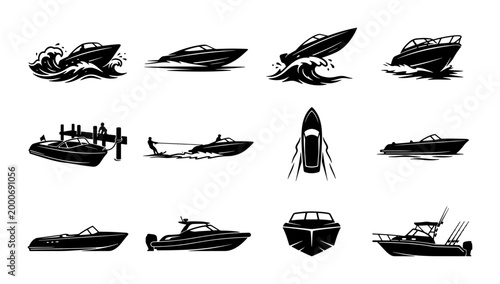 Fotografía Speedboat silhouette icons set, motorboat and powerboat vector collection, nauti