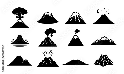 Bilde på lerret Volcano icon set with 12 black vector silhouettes, erupting mountain peak symbol