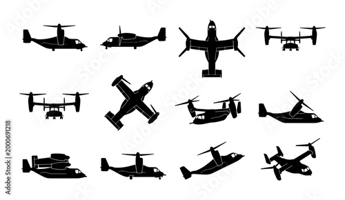 Photos Military tiltrotor aircraft silhouettes, set of 12 v-22 osprey style transport p