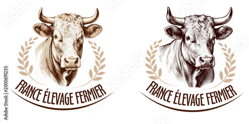 Logo pour élevage bovin et produits laitiers, illustré à la main dans un style traditionnel et authentique du terroir