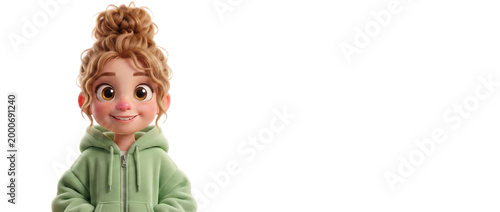 Cartoon girl smiling while wearing a green hoodie on white background  