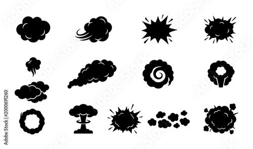 Tableau sur toile Comic smoke clouds and explosion effects set, black silhouette steam and dust el