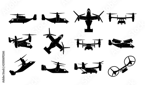 Fotografía Military tiltrotor aircraft silhouettes, 12 black vector icons of v-22 osprey st