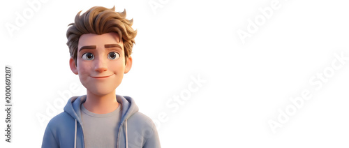 Animated young man smiling in hoodie on simple white background  