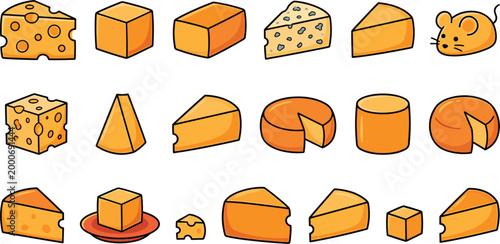 Cheese varieties collection with different slices blocks wedges and dairy products representing food ingredients and culinary illustration set