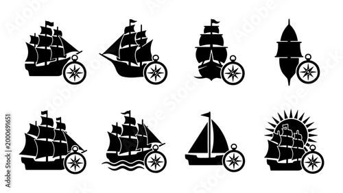 Tableau sur toile Vintage sailing ship silhouettes with nautical compass, set of 8 black maritime