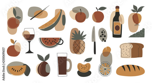 Abstract Food and Drink Collection with Fruits, Beverages, and Bread.
