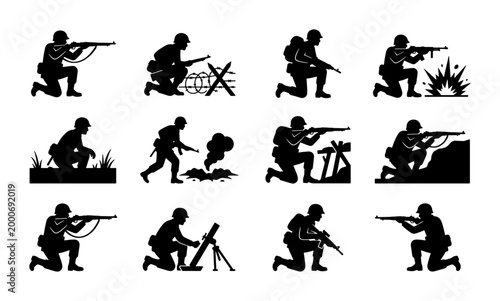 Photos Military soldier silhouettes set, 12 army infantry vector icons, black combat tr