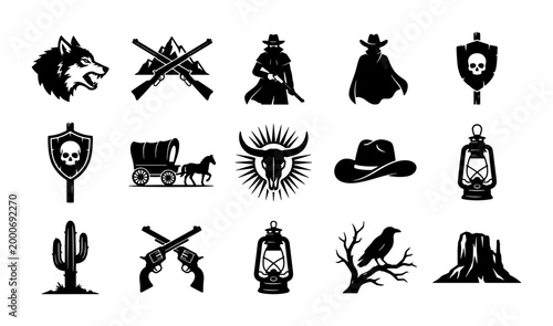Quadro su tela Vintage Wild West icons set, black silhouette cowboy and outlaw graphics, 15 wes