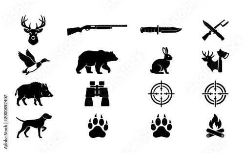 Photography Hunting icons set with wild animals and equipment, black silhouette hunting club