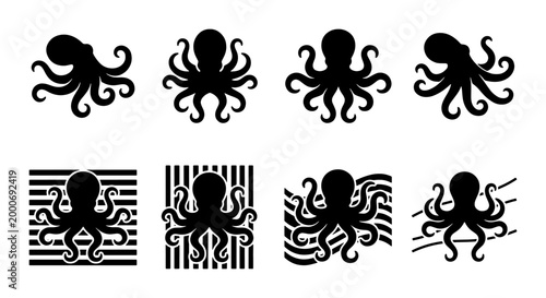 Foto Black octopus silhouette icons set, 8 nautical cephalopod vector symbols, minima