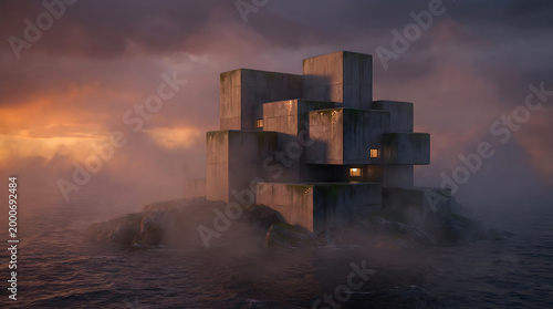 Isolated Brutalist Concrete Structure on Rocky Island in Misty Ocean Sunset