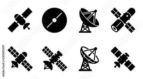 Foto Satellite and space communication icons, set of 8 black vector silhouettes, orbi
