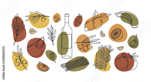 Abstract Mediterranean Food Elements with Wine Bottle and Olives.