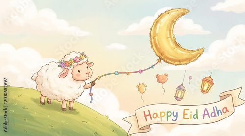 Cute eid adha concept with sheep holding string as crescent balloon floats away in soft pastel scene