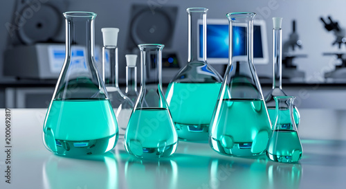 Laboratory Glassware with Teal Liquid in a Modern Science Research Lab